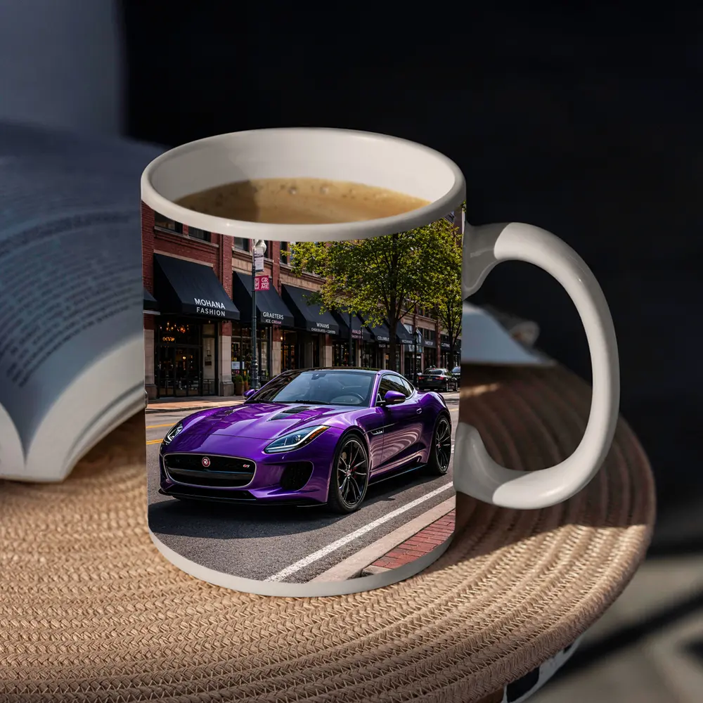 Purple Jaguar F-Type Parked Downtown Street – Mugs