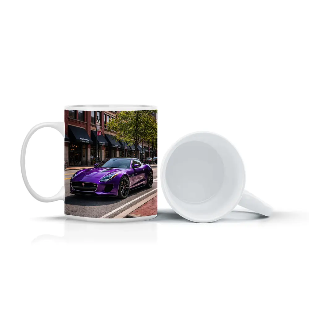 Purple Jaguar F-Type Parked Downtown Street – Mugs