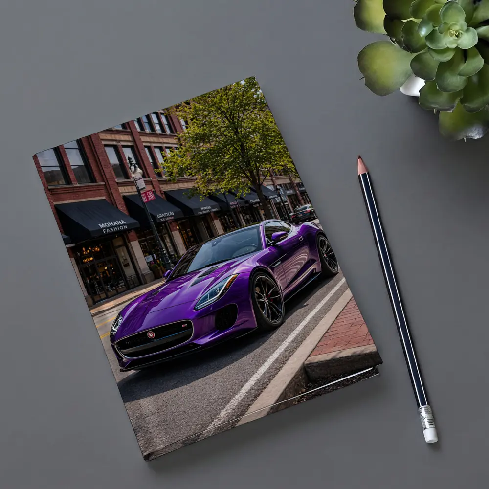 Purple Jaguar F-Type Parked Downtown Street – Notebooks