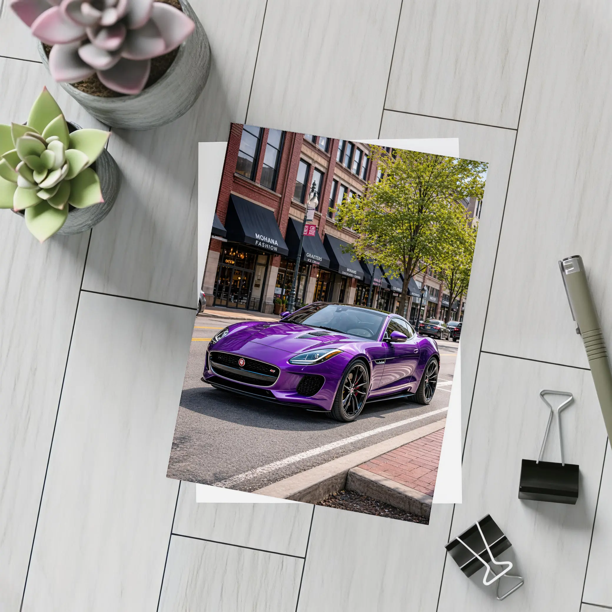 Purple Jaguar F-Type Parked Downtown Street – Postcards