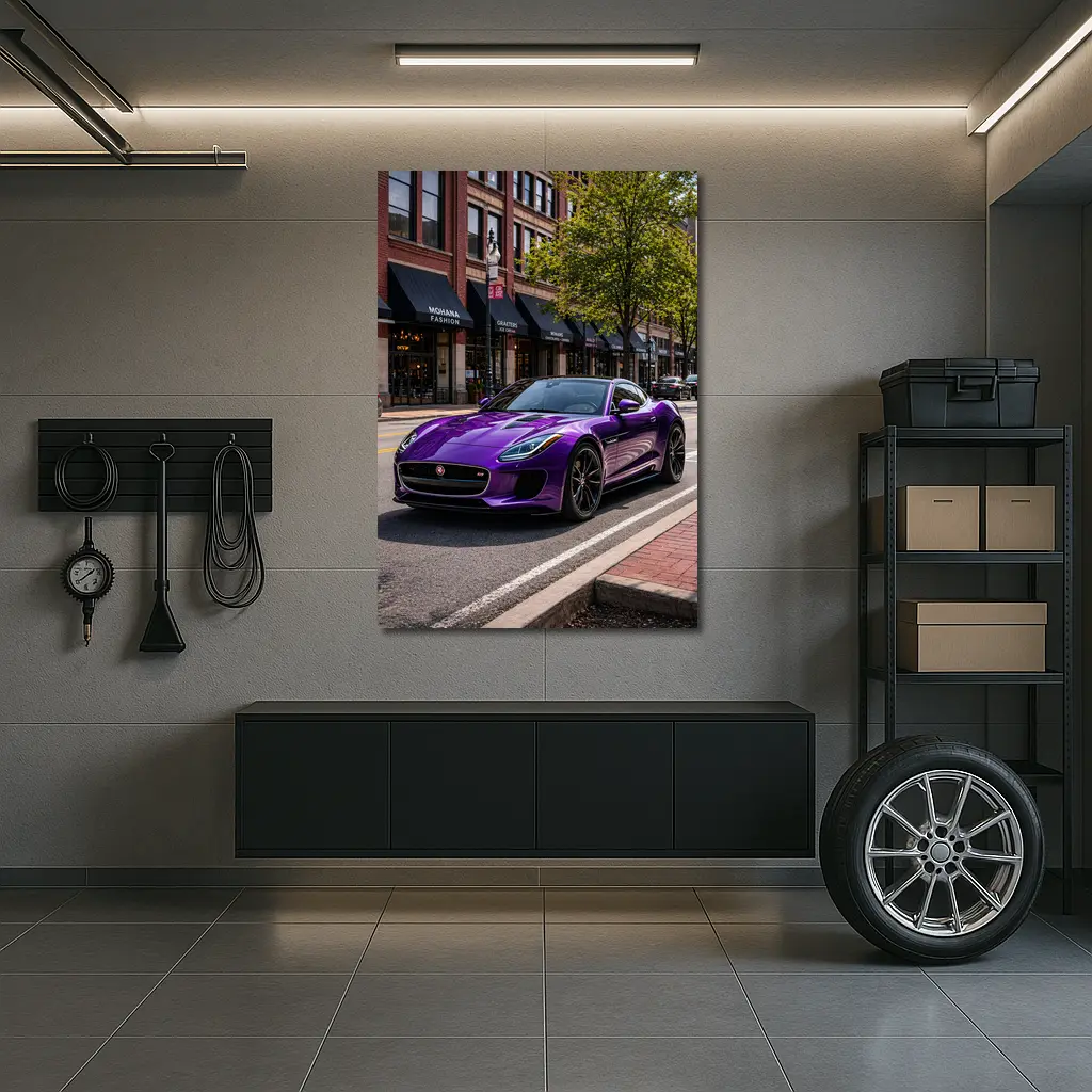 Purple Jaguar F-Type Parked Downtown Street – Wall Art