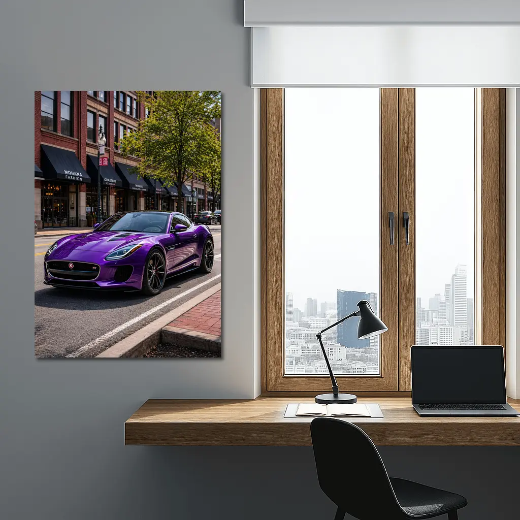 Purple Jaguar F-Type Parked Downtown Street – Wall Art