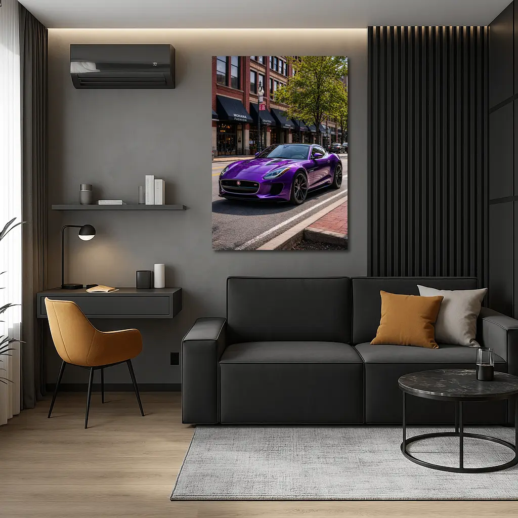 Purple Jaguar F-Type Parked Downtown Street – Wall Art