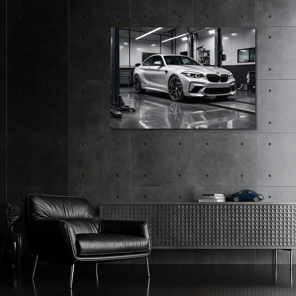 BMW M2 Silver Coupe Inside Garage – Wall Art