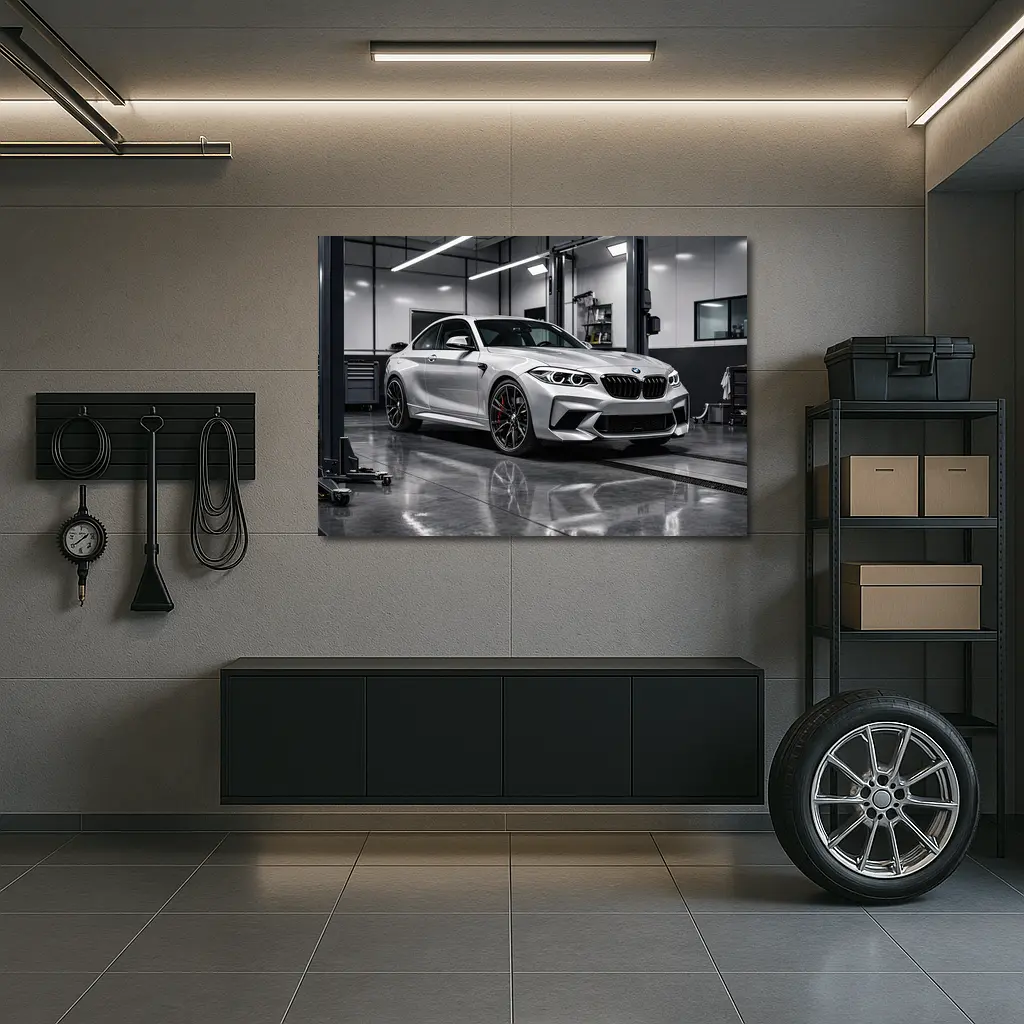 BMW M2 Silver Coupe Inside Garage – Wall Art