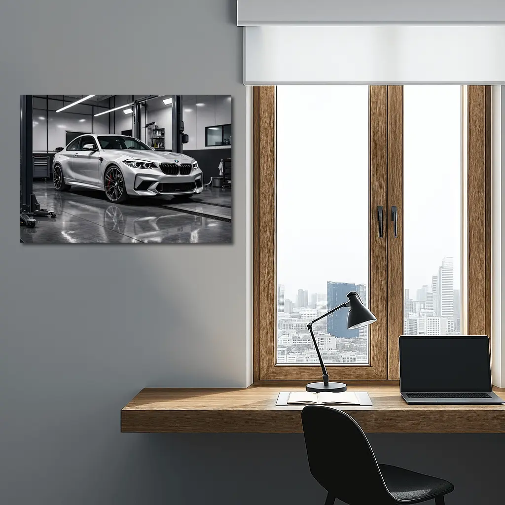 BMW M2 Silver Coupe Inside Garage – Wall Art