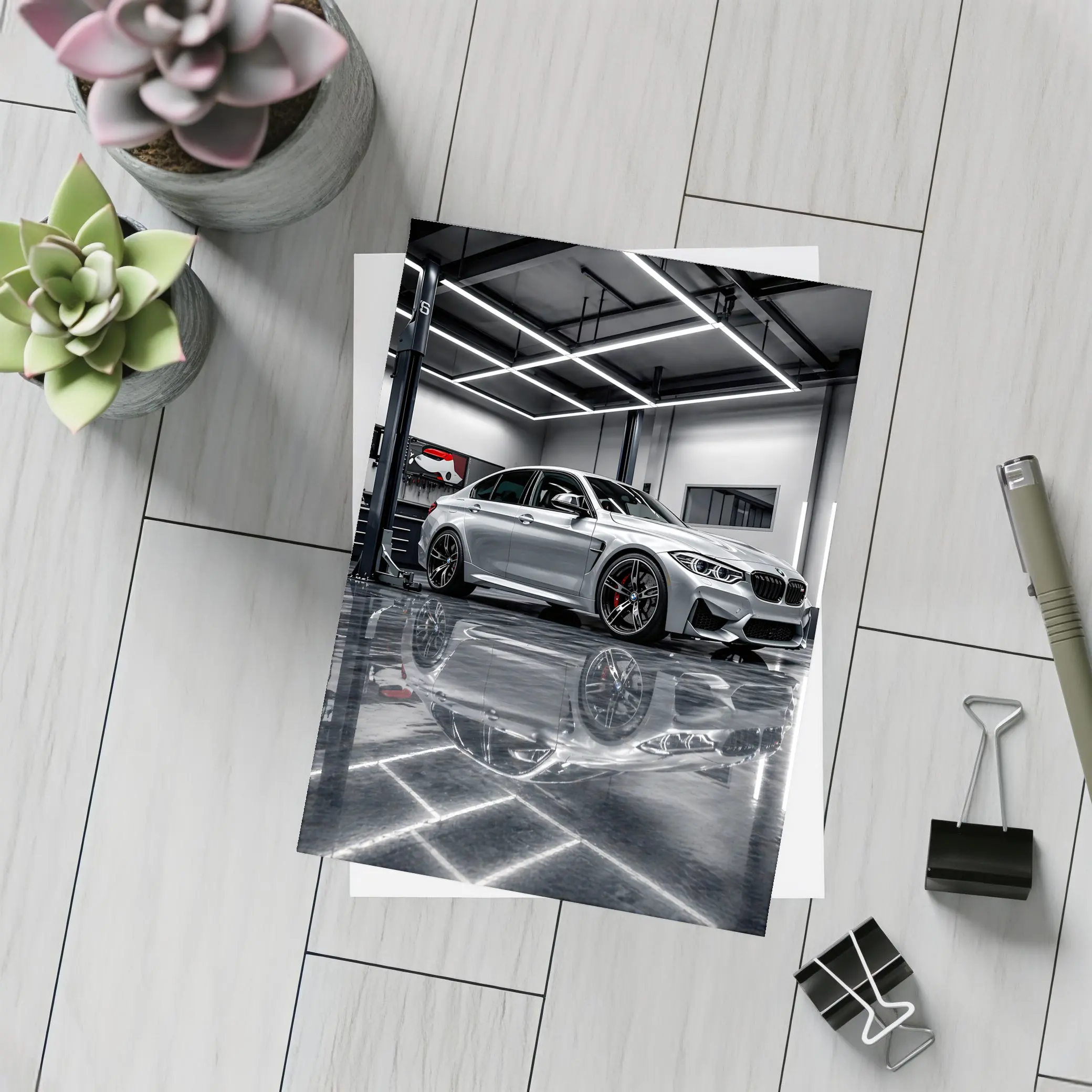 Silver BMW M3 Parked Inside Garage – Postcards