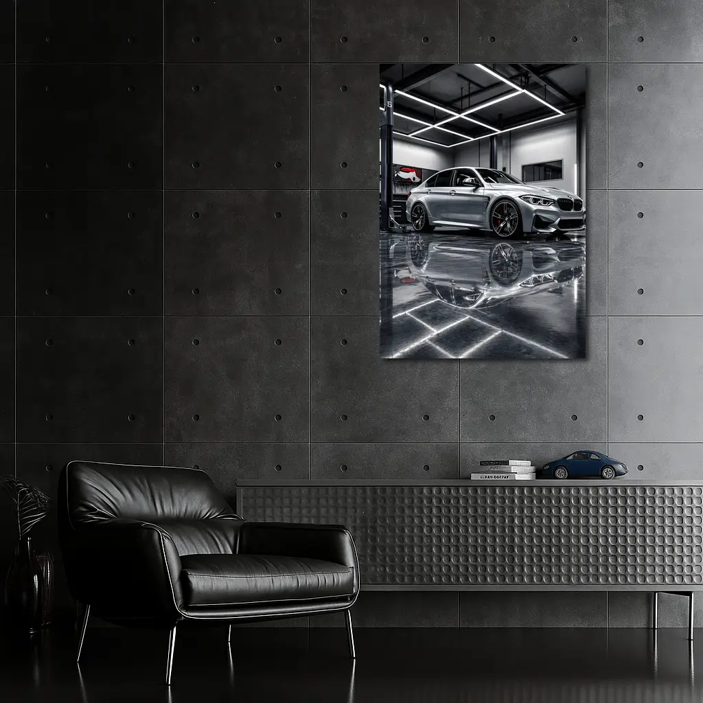 Silver BMW M3 Parked Inside Garage – Wall Art