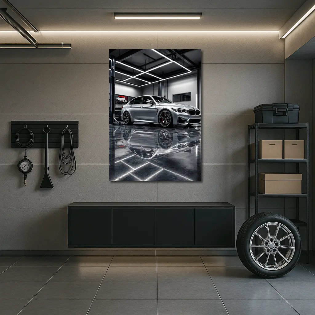 Silver BMW M3 Parked Inside Garage – Wall Art