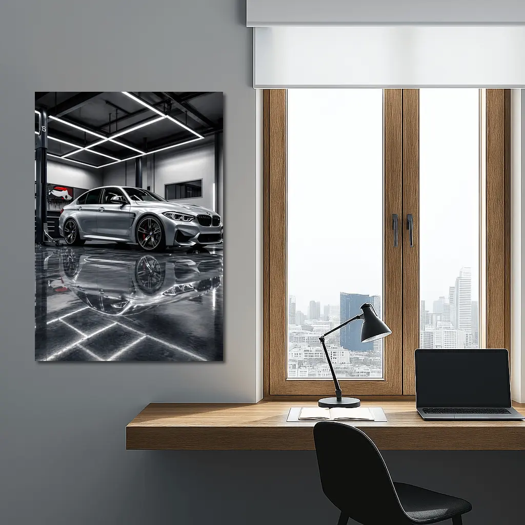 Silver BMW M3 Parked Inside Garage – Wall Art