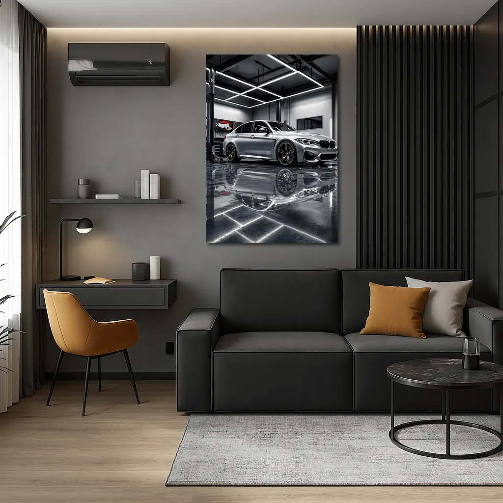 Silver BMW M3 Parked Inside Garage – Wall Art