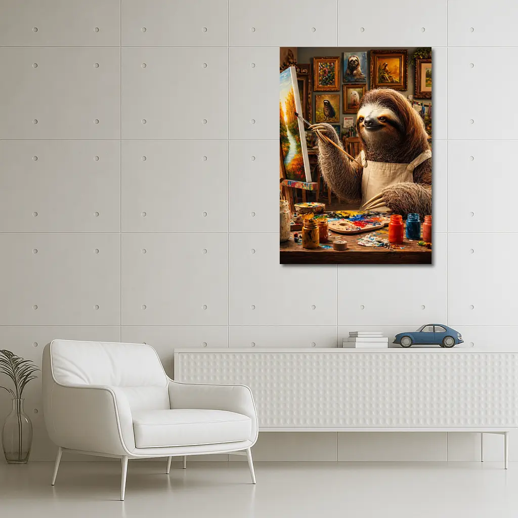 Sloth Artist Painting in Cozy Studio – Wall Art