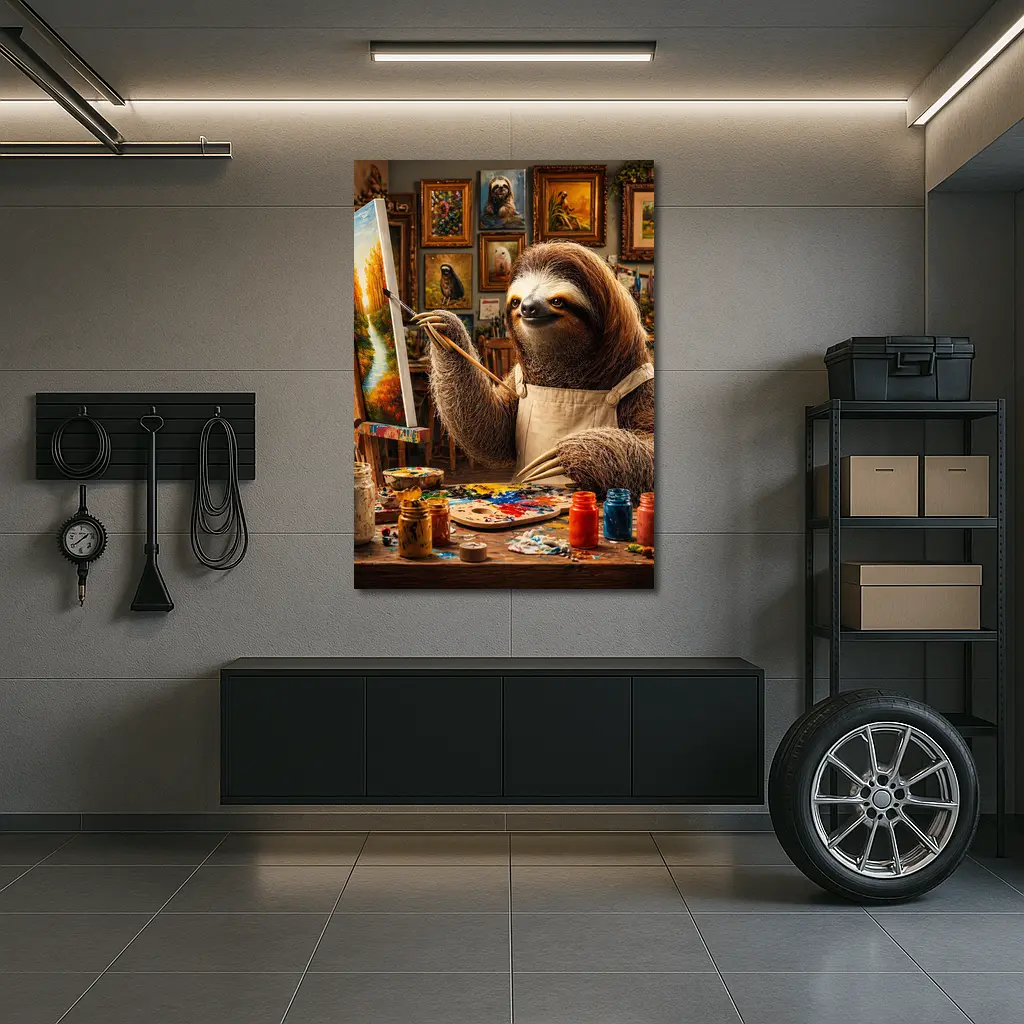 Sloth Artist Painting in Cozy Studio – Wall Art