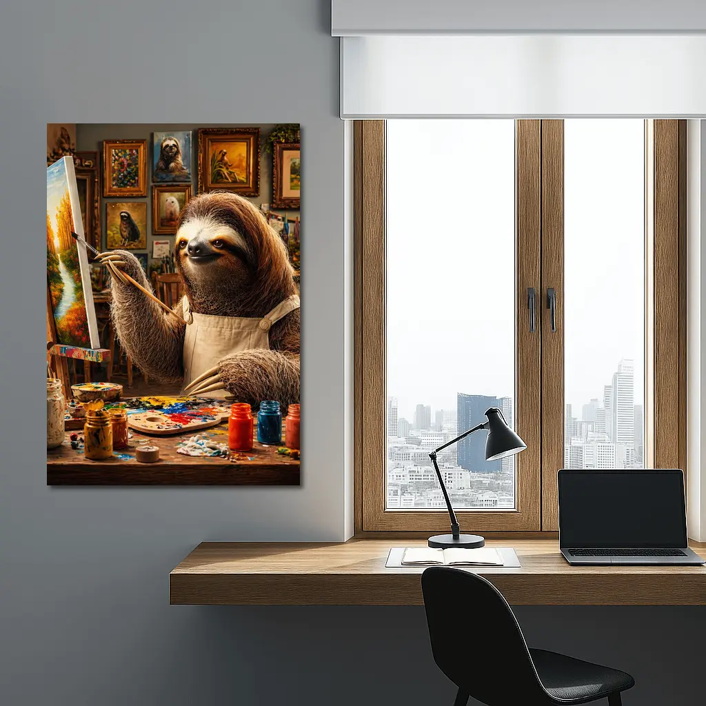 Sloth Artist Painting in Cozy Studio – Wall Art
