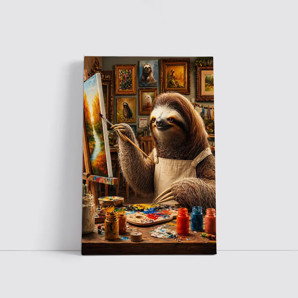 Sloth Artist Painting in Cozy Studio – Wall Art