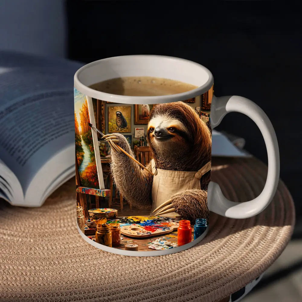 Sloth Artist Painting in Cozy Studio – Mugs