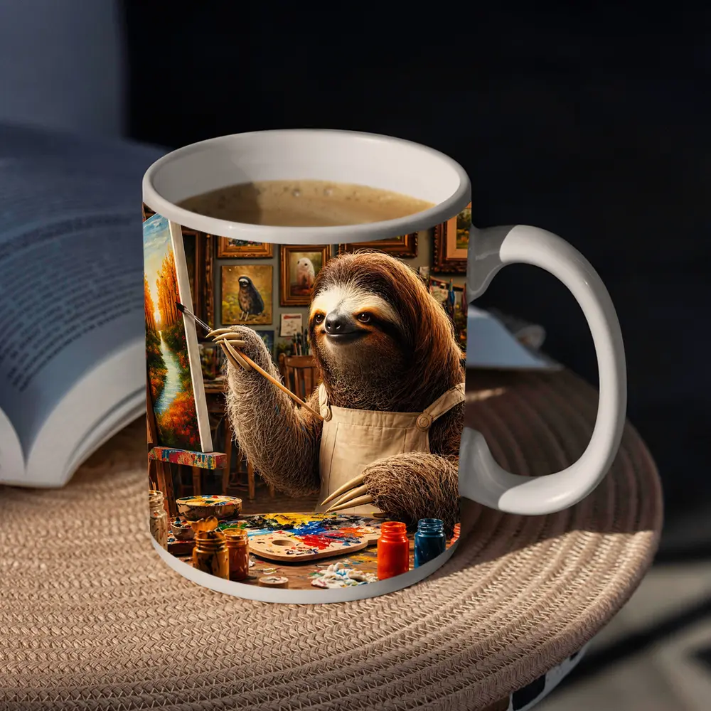Sloth Artist Painting in Cozy Studio – Mugs