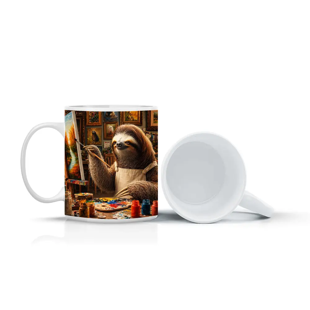 Sloth Artist Painting in Cozy Studio – Mugs