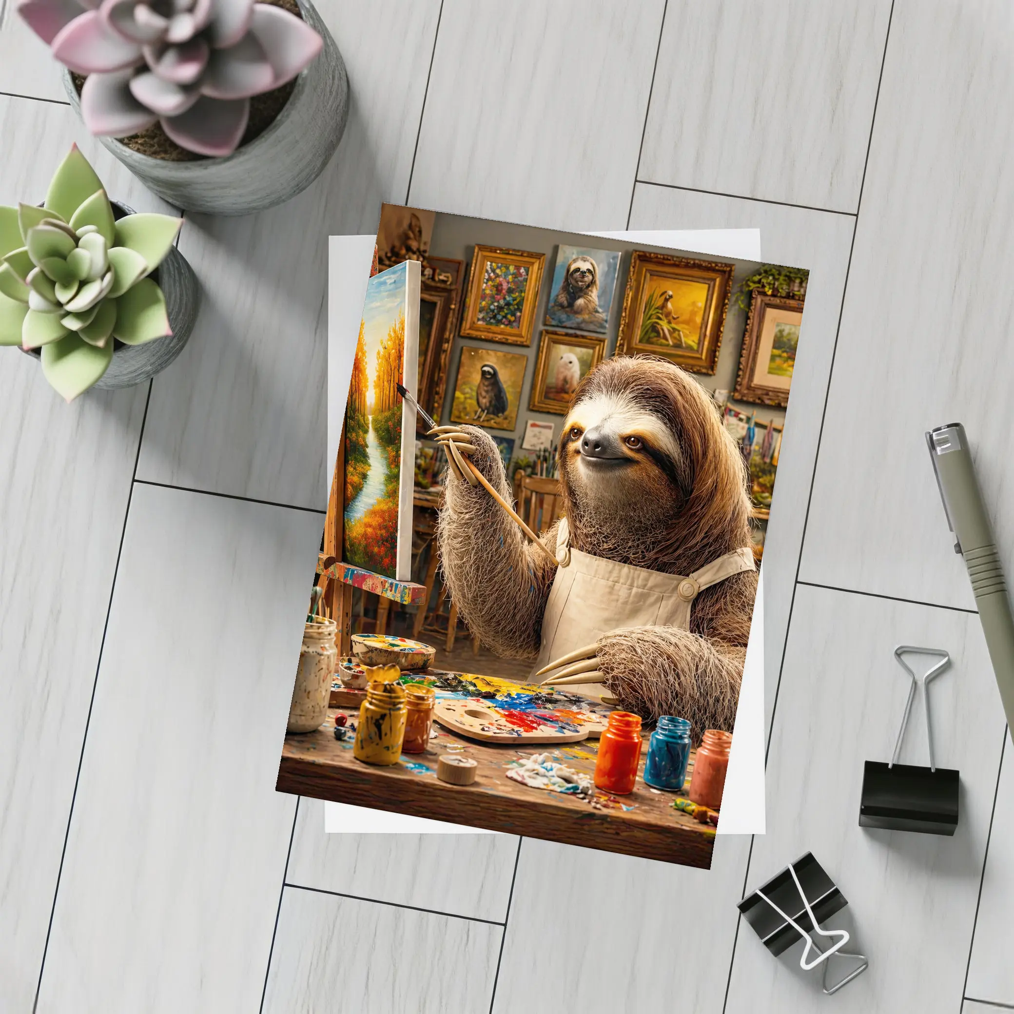 Sloth Artist Painting in Cozy Studio – Postcards
