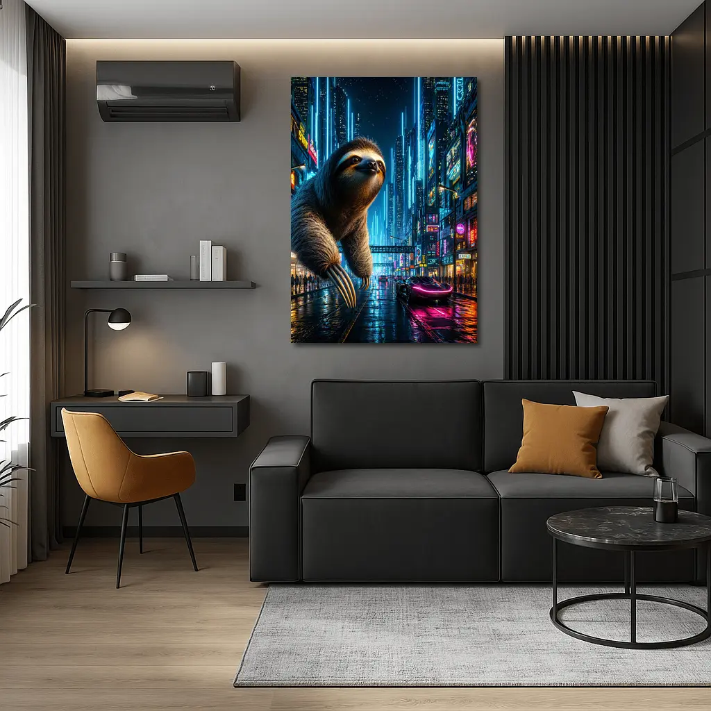 Giant Sloth Over Neon Cyberpunk City – Wall Art