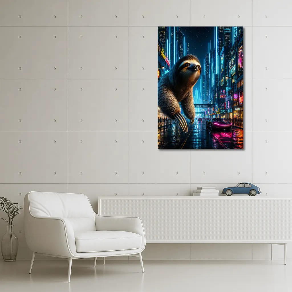 Giant Sloth Over Neon Cyberpunk City – Wall Art