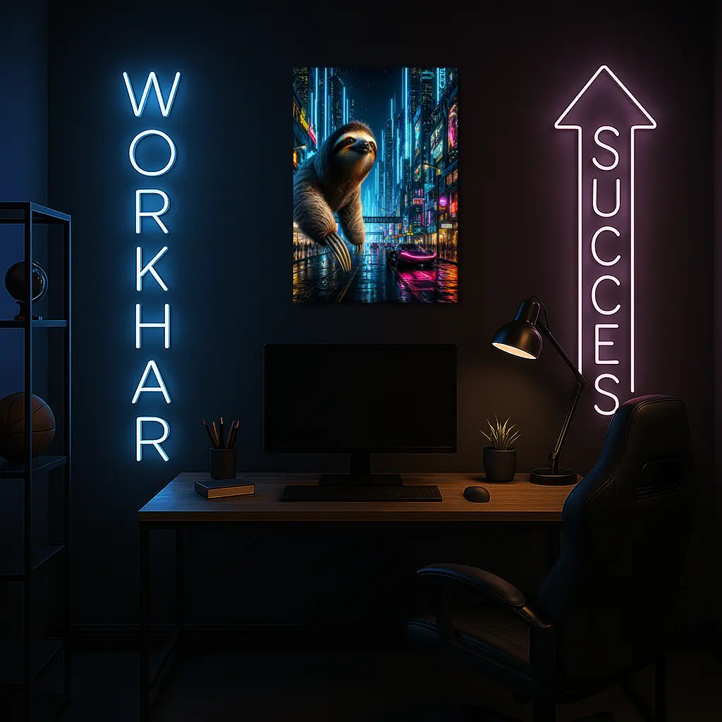 Giant Sloth Over Neon Cyberpunk City – Wall Art