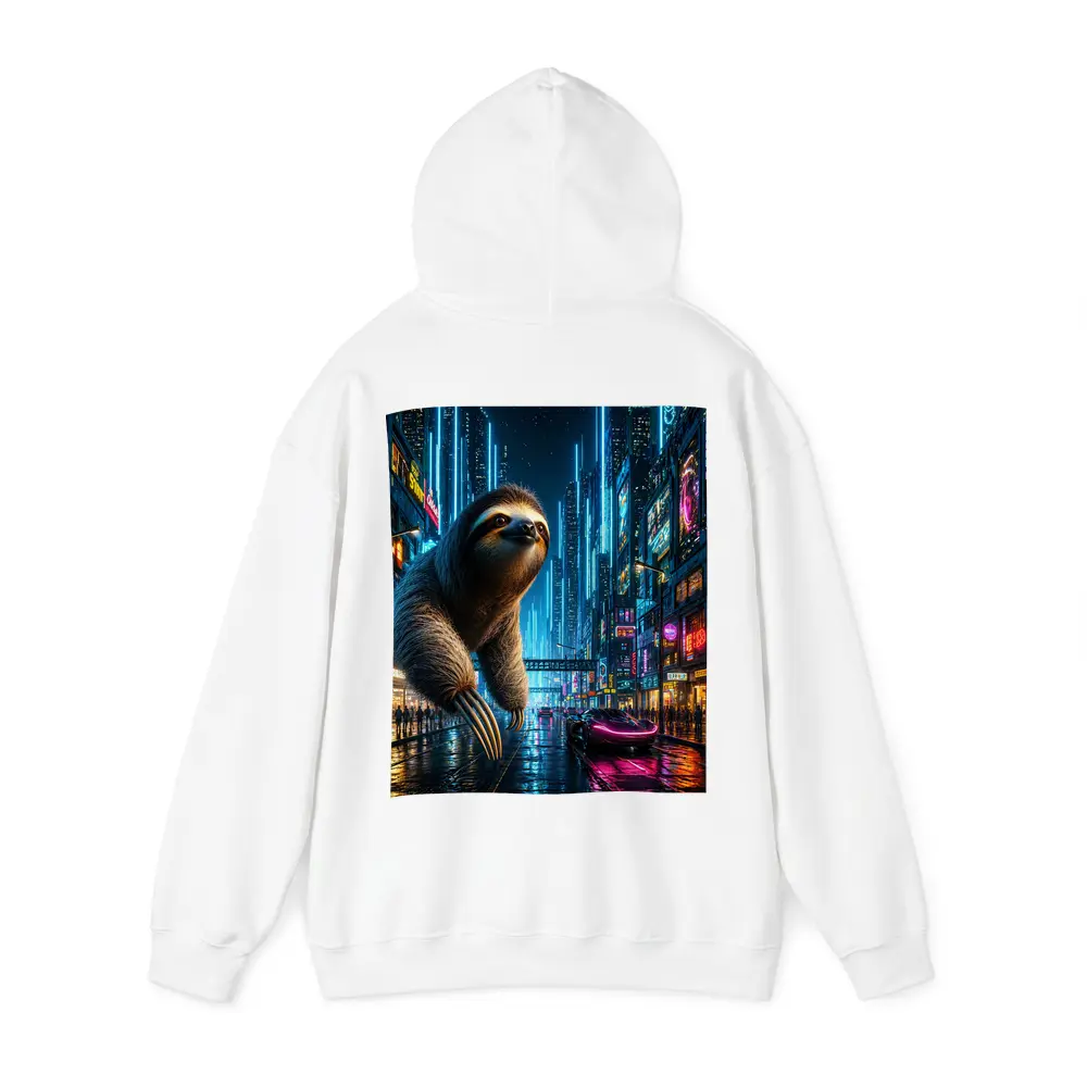 Giant Sloth Over Neon Cyberpunk City – Hoodies