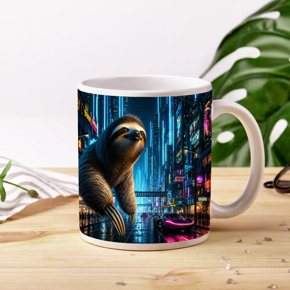 Giant Sloth Over Neon Cyberpunk City – Mugs