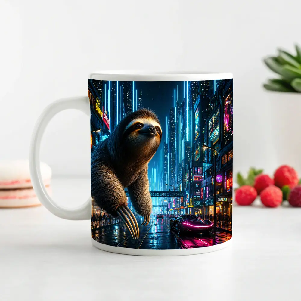 Giant Sloth Over Neon Cyberpunk City – Mugs