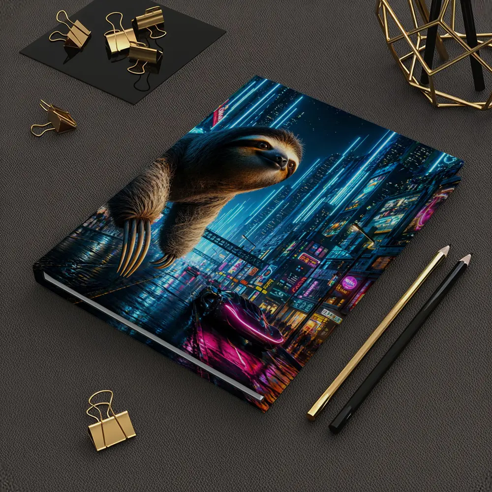 Giant Sloth Over Neon Cyberpunk City – Notebooks
