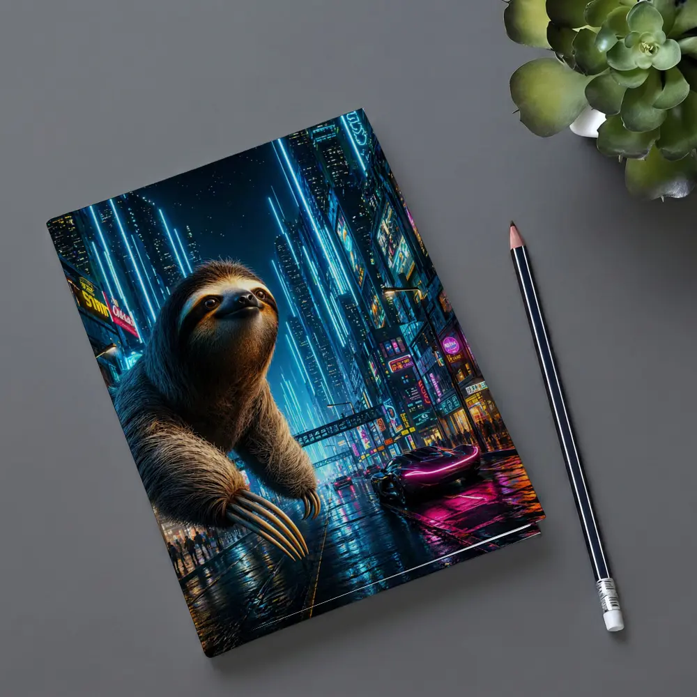 Giant Sloth Over Neon Cyberpunk City – Notebooks
