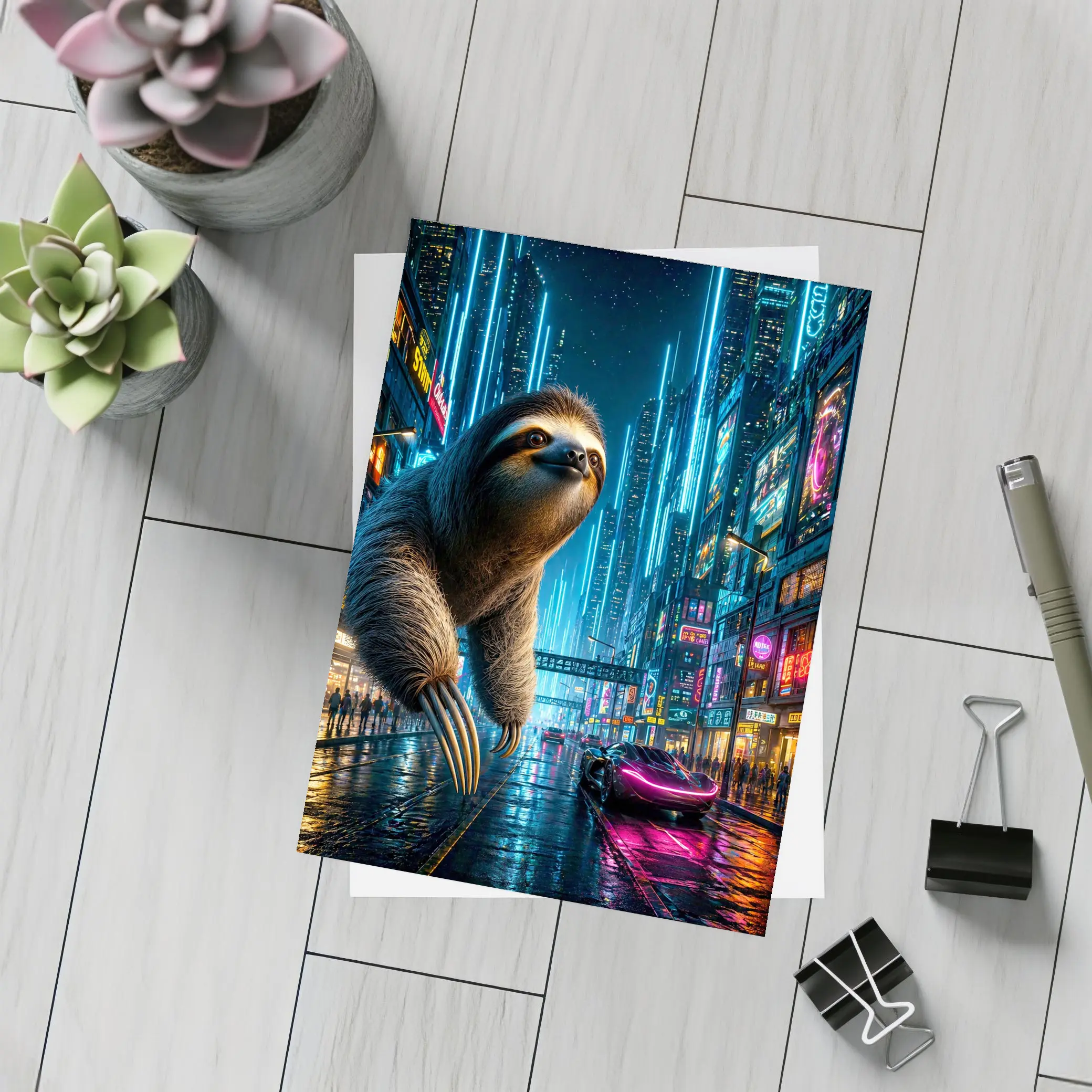 Giant Sloth Over Neon Cyberpunk City – Postcards