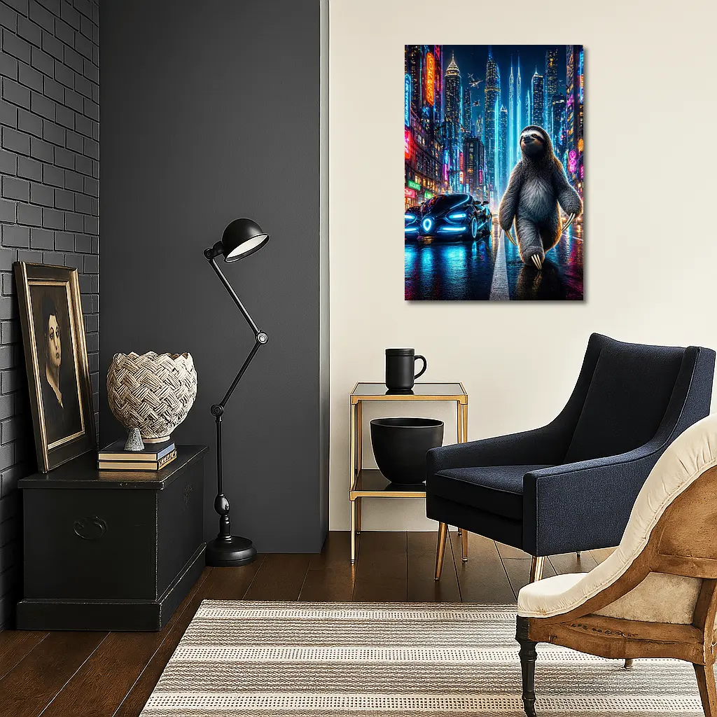 Sloth Walking Neon Cyberpunk City Night – Wall Art