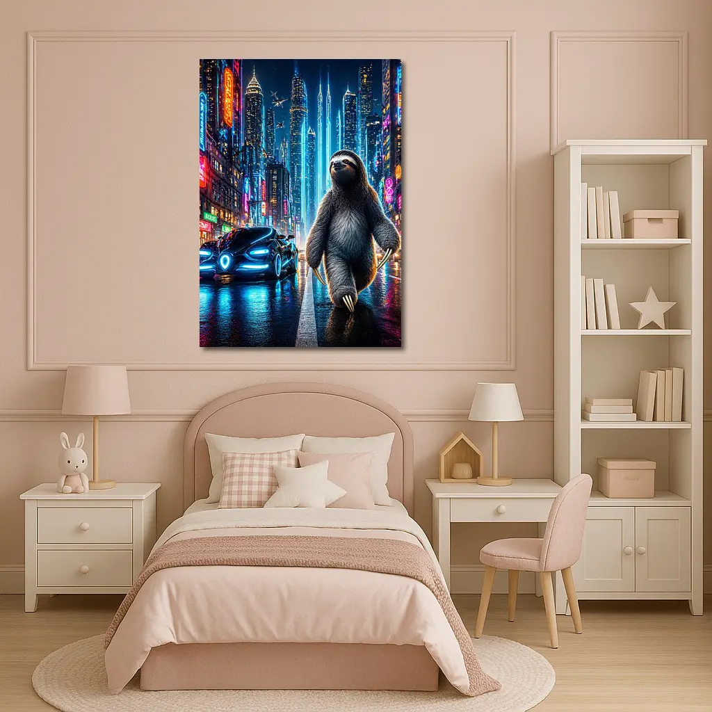 Sloth Walking Neon Cyberpunk City Night – Wall Art