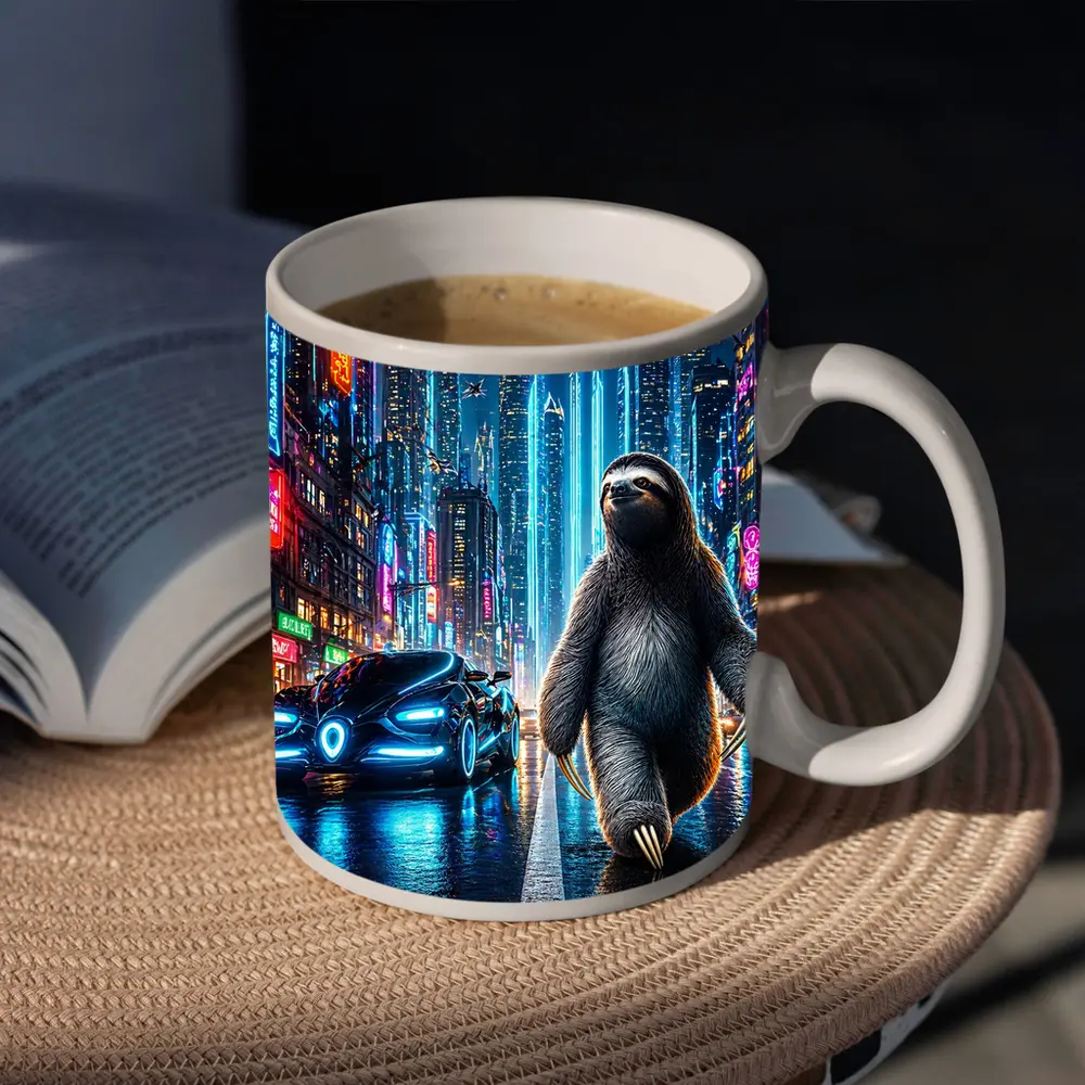 Sloth Walking Neon Cyberpunk City Night – Mugs