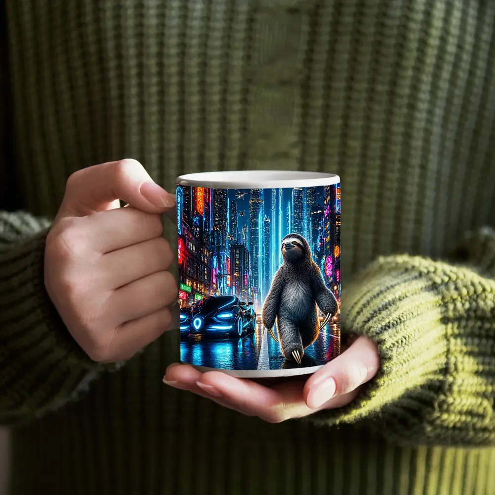 Sloth Walking Neon Cyberpunk City Night – Mugs