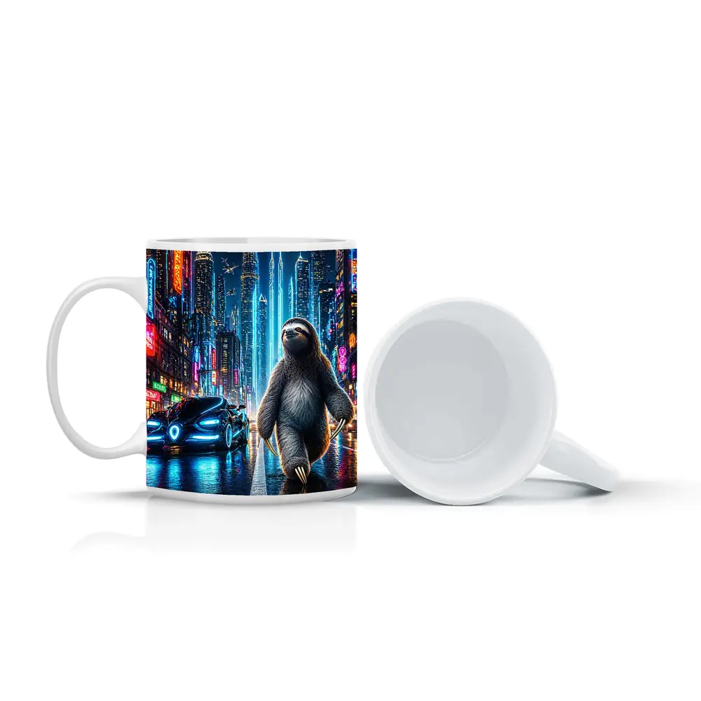 Sloth Walking Neon Cyberpunk City Night – Mugs