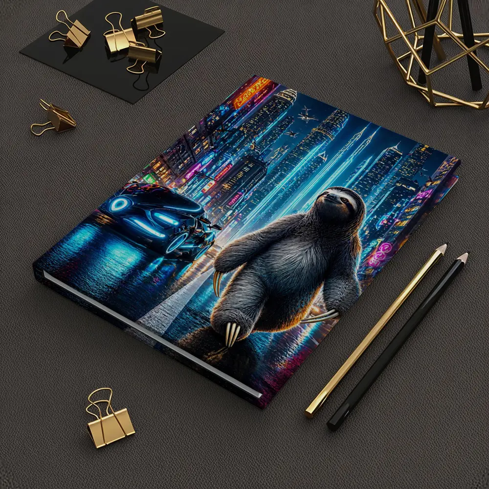 Sloth Walking Neon Cyberpunk City Night – Notebooks