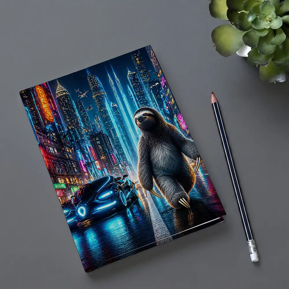 Sloth Walking Neon Cyberpunk City Night – Notebooks