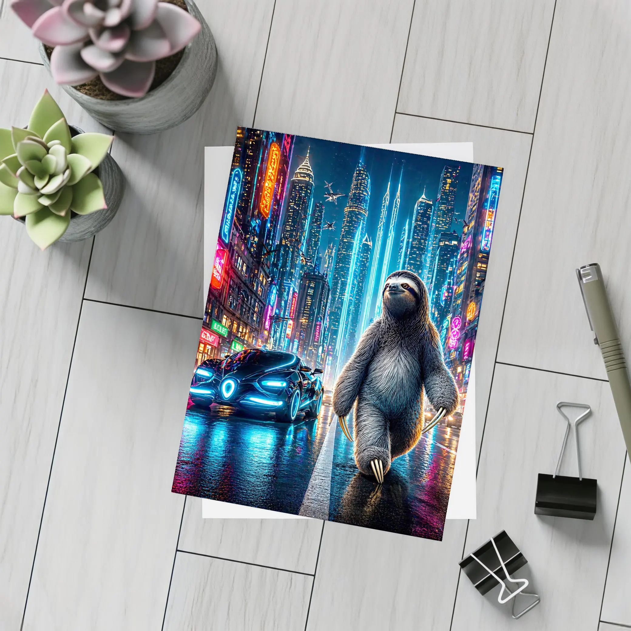 Sloth Walking Neon Cyberpunk City Night – Postcards