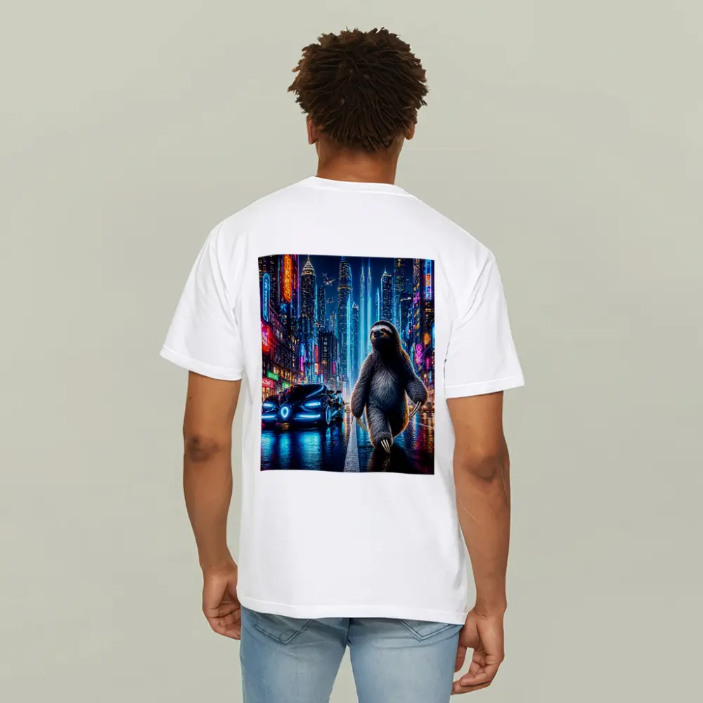 Sloth Walking Neon Cyberpunk City Night – T-Shirts