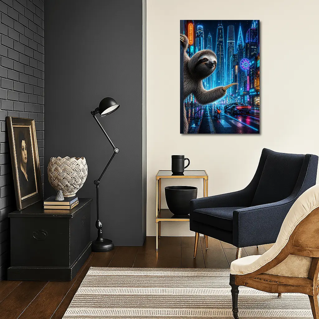 Sloth Hanging in Neon Cyberpunk City – Wall Art