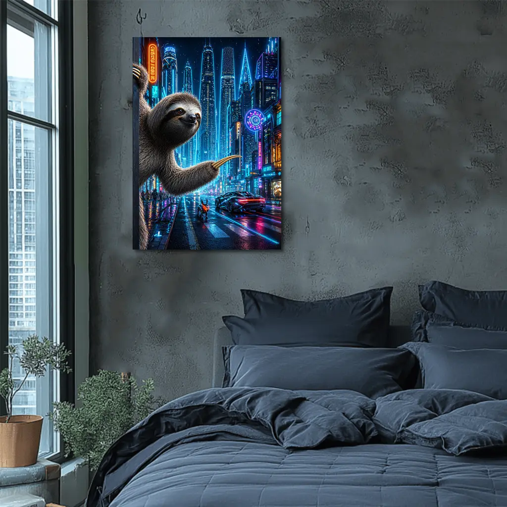 Sloth Hanging in Neon Cyberpunk City – Wall Art