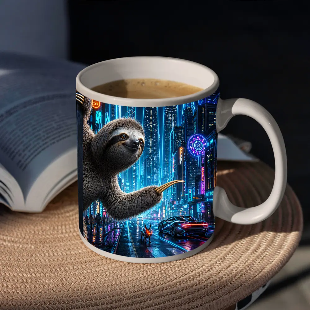Sloth Hanging in Neon Cyberpunk City – Mugs