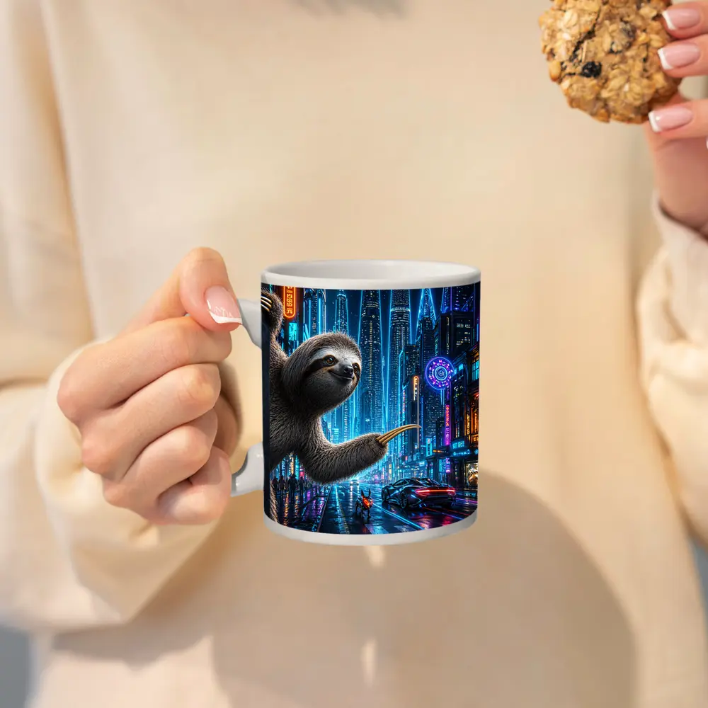 Sloth Hanging in Neon Cyberpunk City – Mugs