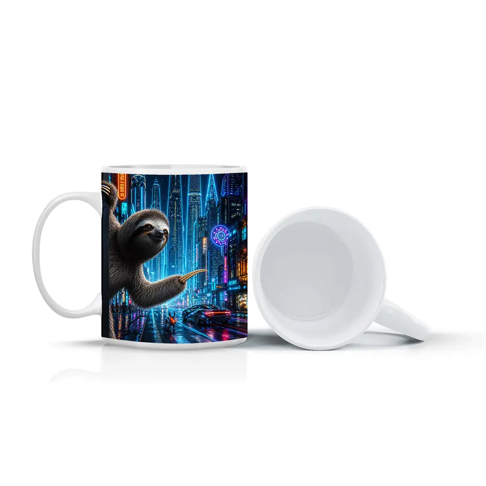 Sloth Hanging in Neon Cyberpunk City – Mugs