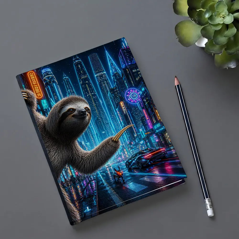 Sloth Hanging in Neon Cyberpunk City – Notebooks