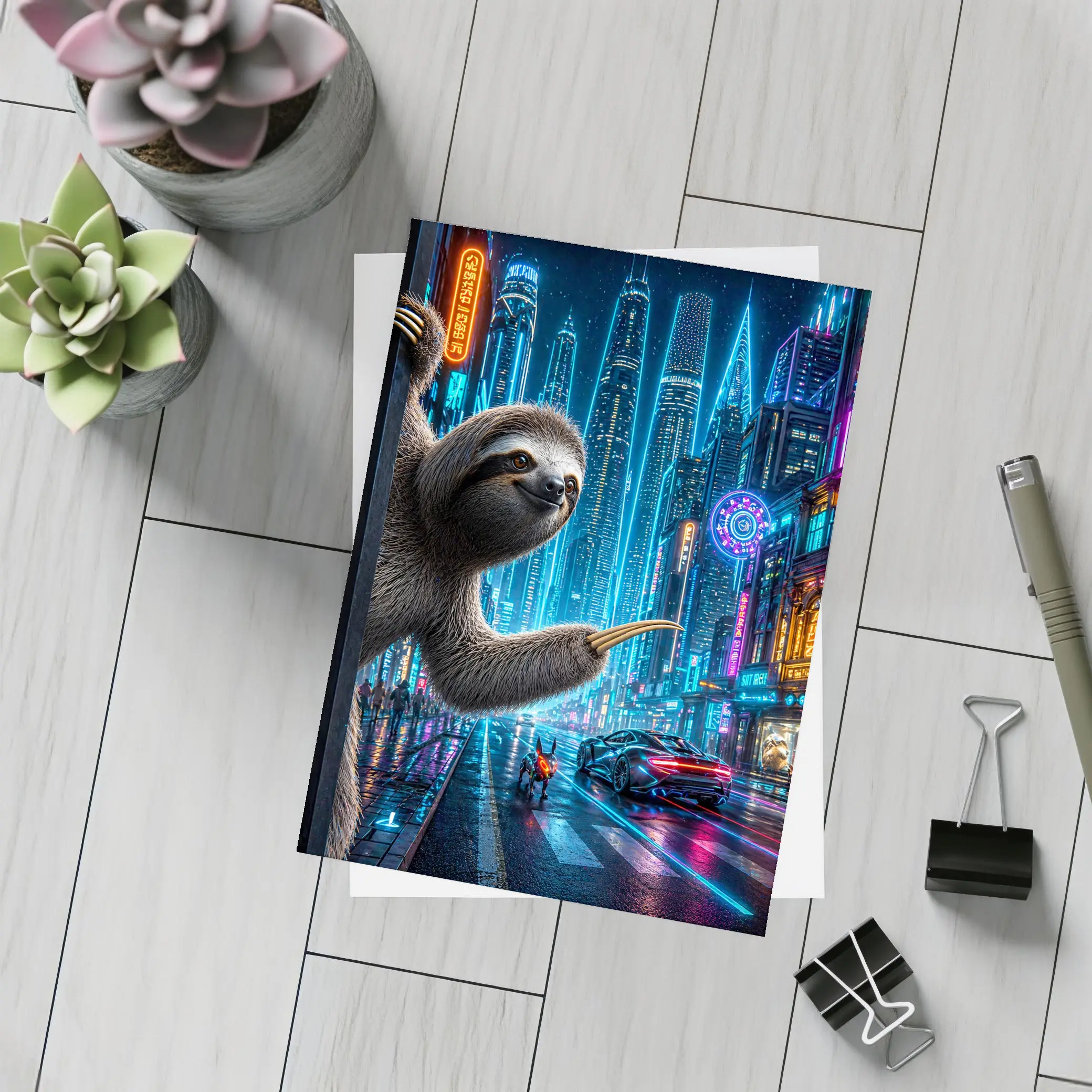 Sloth Hanging in Neon Cyberpunk City – Postcards
