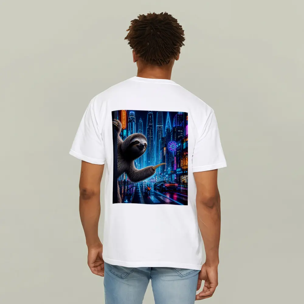 Sloth Hanging in Neon Cyberpunk City – T-Shirts