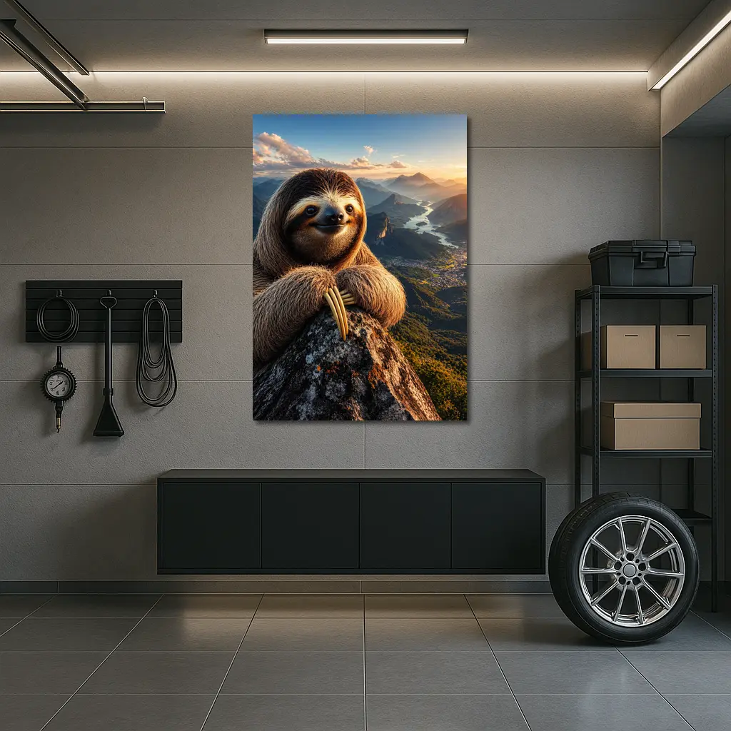 Sloth Perched on Mountain Summit Sunset View – Wall Art
